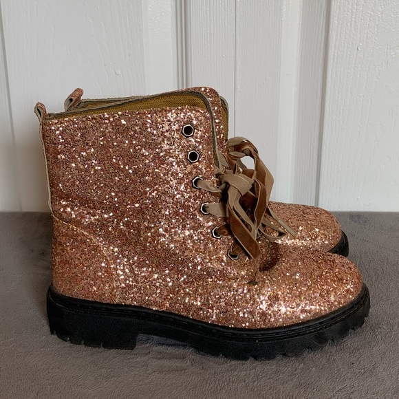 Olivia Miller Shoes Rose Gold Glitter Combat Boots With Velvet